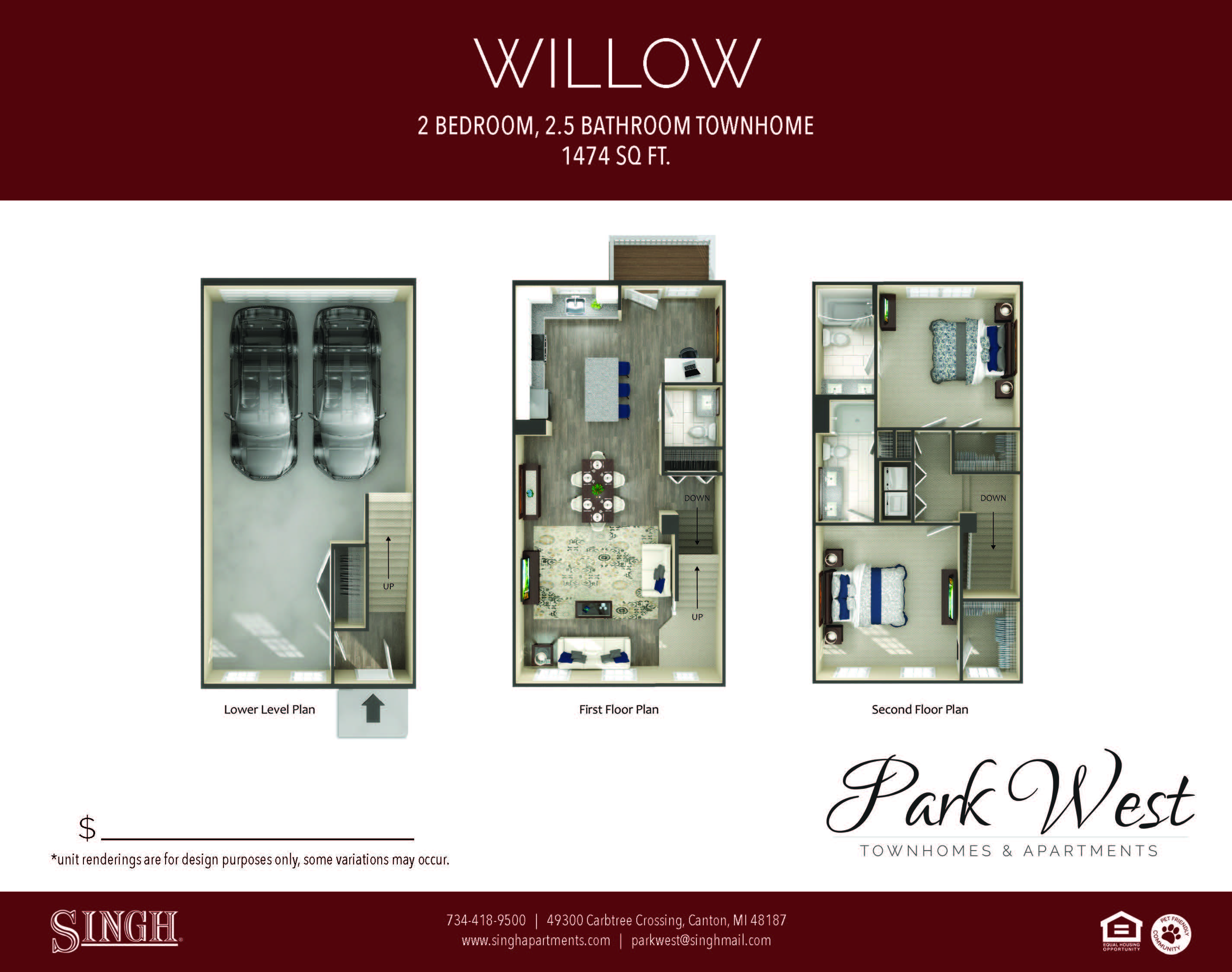Floor plan for 2 beds, 2.5 baths, 1474 sqft